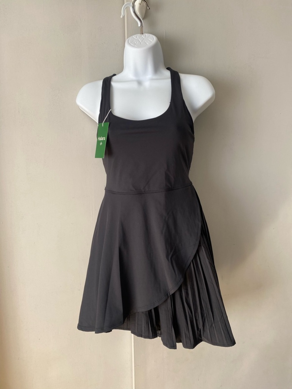 HALARA Black Mini Dress with Pleated Asymmetrical Skirt